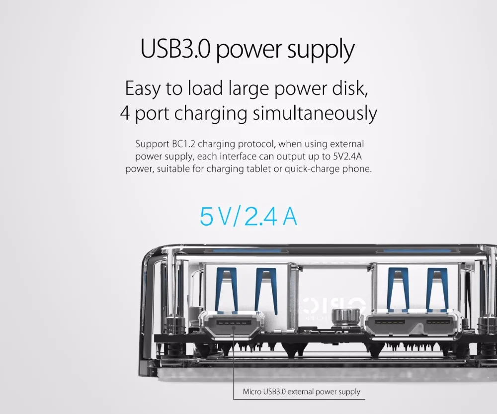ORICO, 4 порта, USB 3,0, прозрачный Настольный концентратор, адаптер, высокоскоростной USB разветвитель, поддержка OTG с интерфейсом питания Micro USB