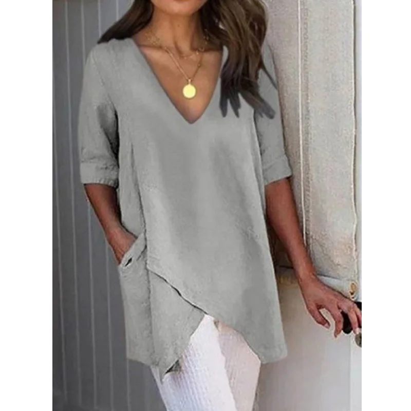 

Spring Autumn Fashion Vintage Women Blouses Shirts Half Sleeve Plus Size Asymmetrical Simple Blouses