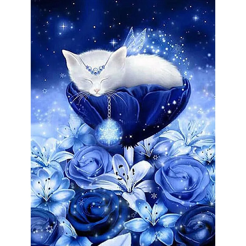 

Fantasy Blue Flowers Diamond Painting Cat Diamond Embroidery Animal 5D Diy Full Cross Stitch Rhinestone Mosaic Home Decor V1