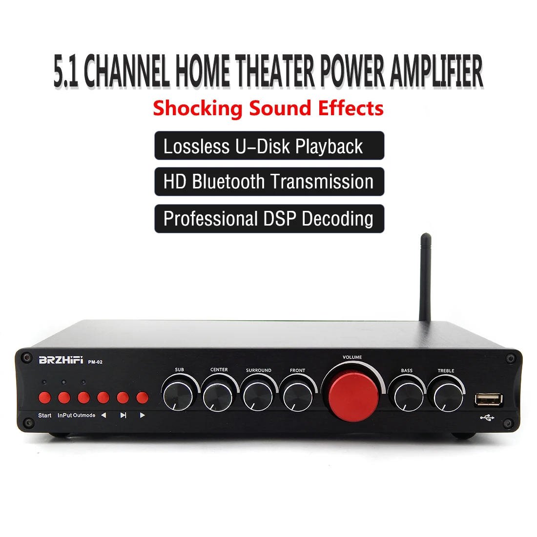 

HiFi 5.1 Channel Bluetooth Digital Amplifier Surround Sound COAX/OPT Home Theater Audio 100W+50W*5 AMP DSP USB Music Player