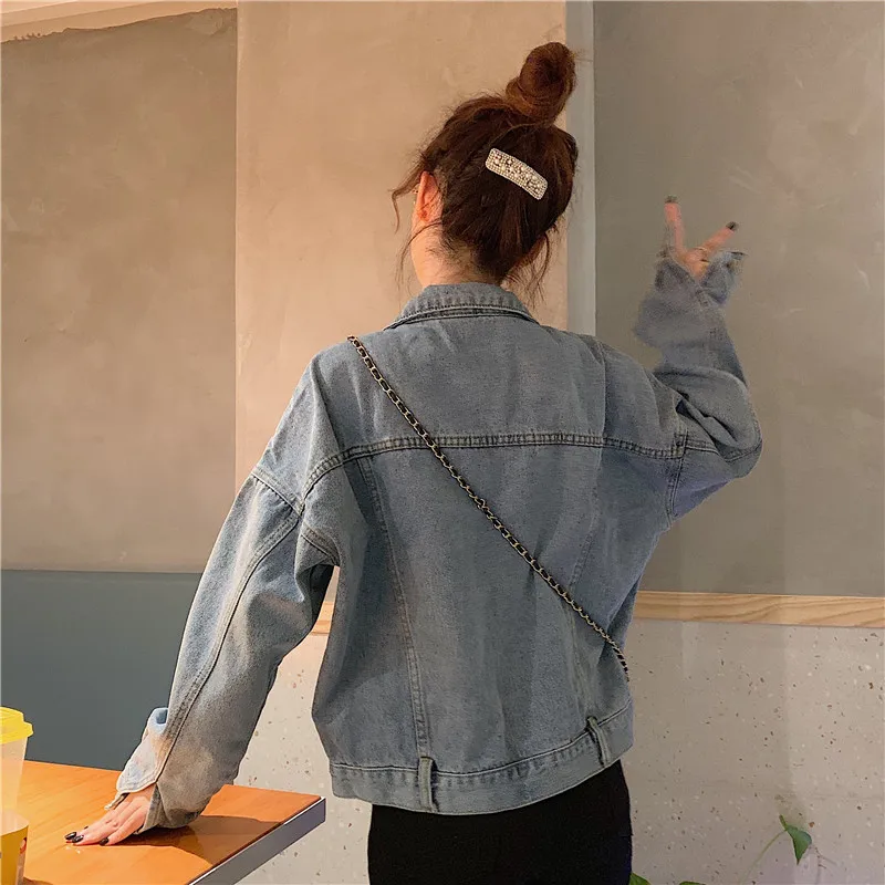 

Spring Women Short Denim Jacket Fall Female Retro Fashion Loose Blue Jacket All-match Casual Long Sleeve Coat Vintage Streetwear
