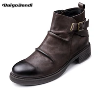 mens trendy buckle belt chelsea boots military cowboy style wrinkle genuine leather shoes