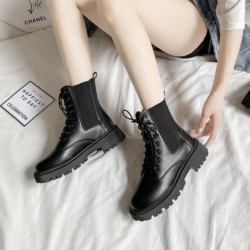 

2021 Motorcycle Boots Wedge Shoes Flat Shoes Female High Heels Platform Pu Leather Boots Lace Women's Shoes Black Boots Girl
