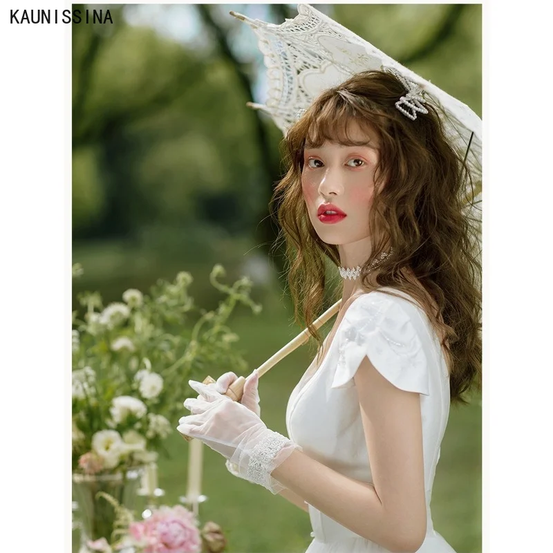 

KAUNISSINA Vintage Wedding Dresses for Women V-Neck Short Sleeve Tulle Princess Bridal Gowns White A-Line Bride Vestido De Novia