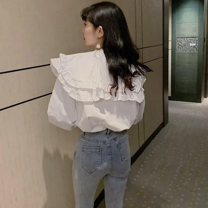 Рубашка женская с рукавами-фонариками милый белый топ оборками в винтажном стиле