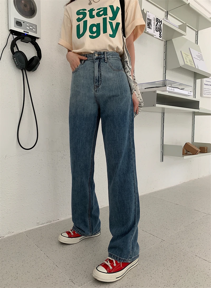 

SML 2021 Summer korean style women denim Pants Gradient high waist jeans women straight long Trousers Female (N0147)