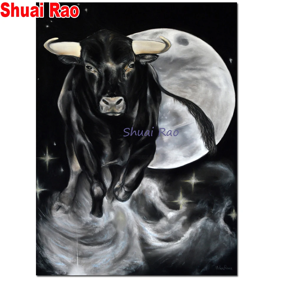 

5d Diy diamond painting moon black bull,full square round diamond embroidery rhinestone painting diamond mosaic cow art,
