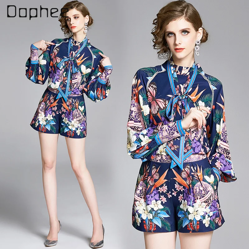 

2021 Spring New Slim Fit Stand-up Collar Puff Sleeve Vintage Printed Shorts Two-Piece Vacation Suit