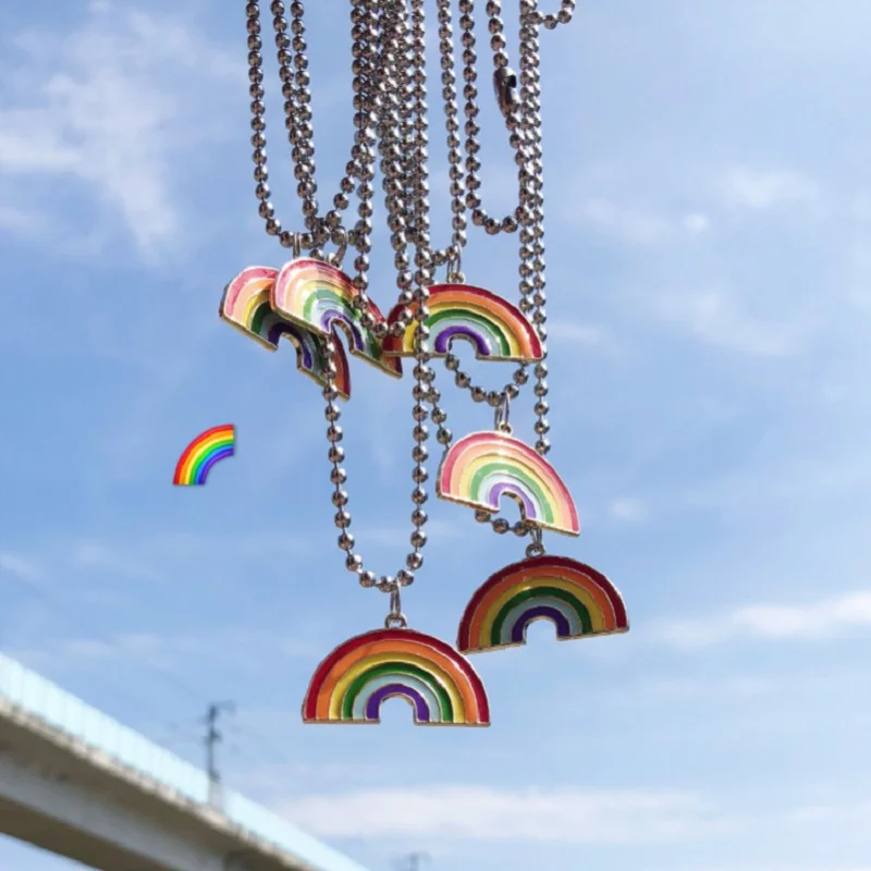 

Kpop lovely colorful rainbow Pendant Necklace long chain sweetheart suitable for women men and girls eGirl aesthetic jewelry