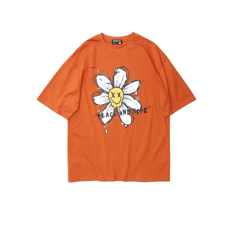 Мужская футболка в стиле хип-хоп с цветочным принтом уличная из чистого хлопка