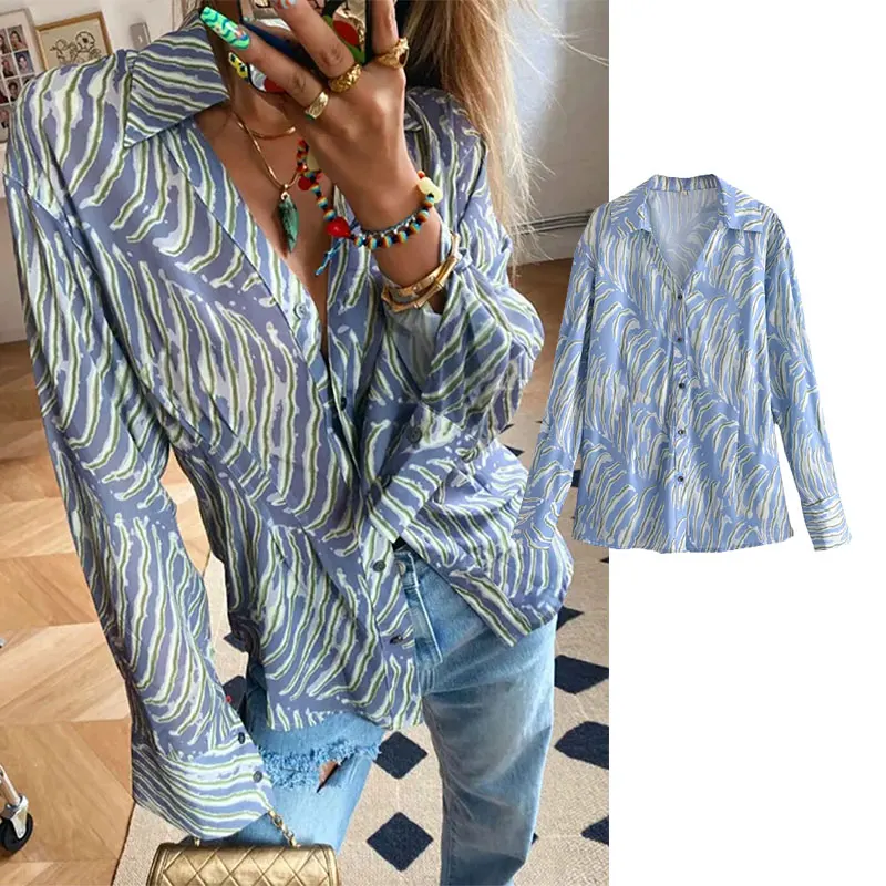 

Cardigan Za blouses Woman's clothing 2021 Autumn fashion Animal print Shirts elegant Long Sleeve Vintage loose tunics Top Female