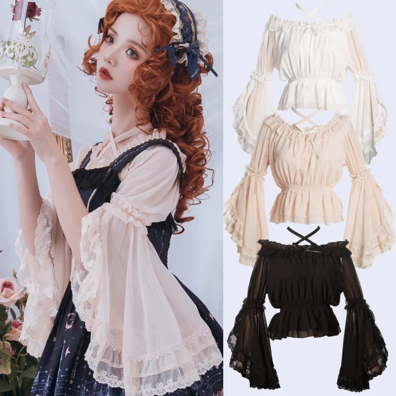 Винтажная рубашка lolita винтажная с кружевным бантом круглым вырезом и