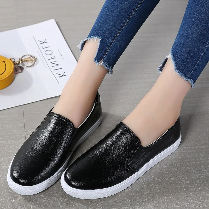 2019 Fashion New Genuine Leather Flats Platform Slip on Loafers Shoes for Women Casual Mocasines Mujer Black White Woman | Обувь
