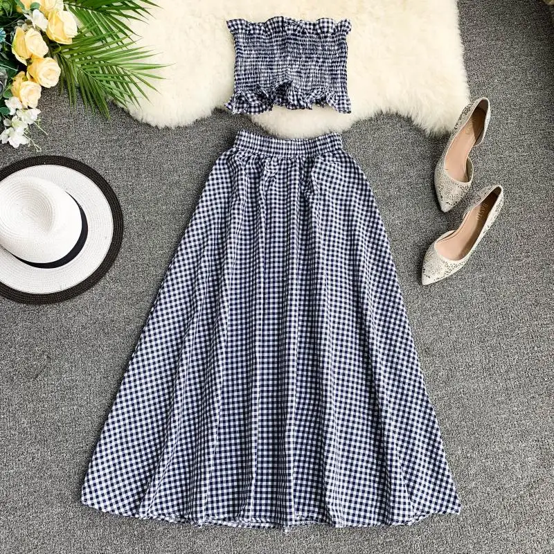 

Streetwear Two Piece Set Women Beach Plaid Outfit New Summer Strapless Shirt + A-line Skirt 2 Pcs Sets Female Clothes Feminino