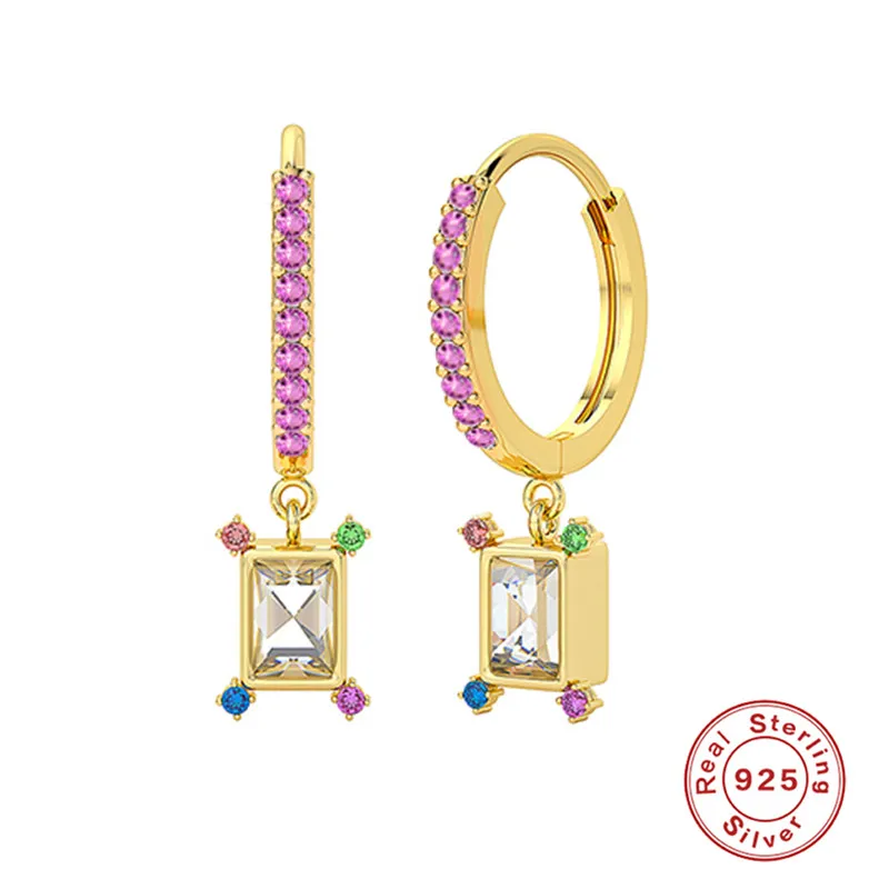 

MC Silver Earrings Women S925 Sterling rainbow Zircon Square Diamond Earrings pendientes plata Women small hoop earrings Jewelry