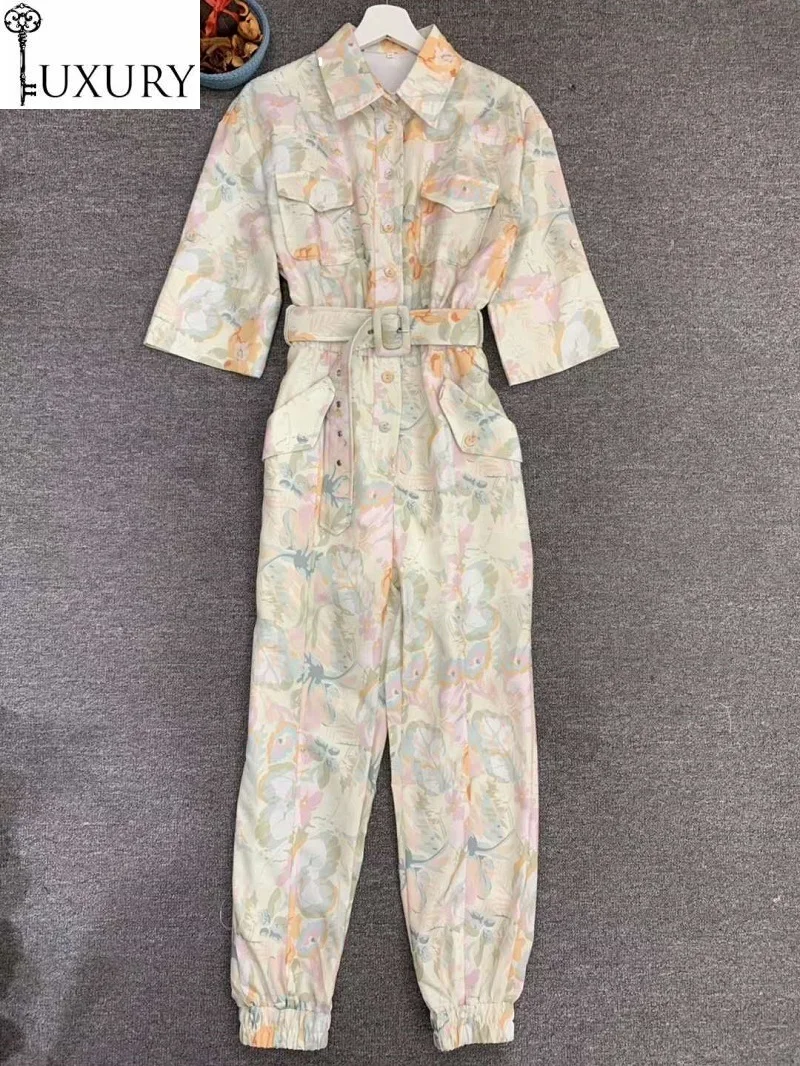 Summer High Quality 2020 Women Turn-down Collar Elegant Flowr Print Chest Pocket Patchwork Casual Jumpsuits & Rompers