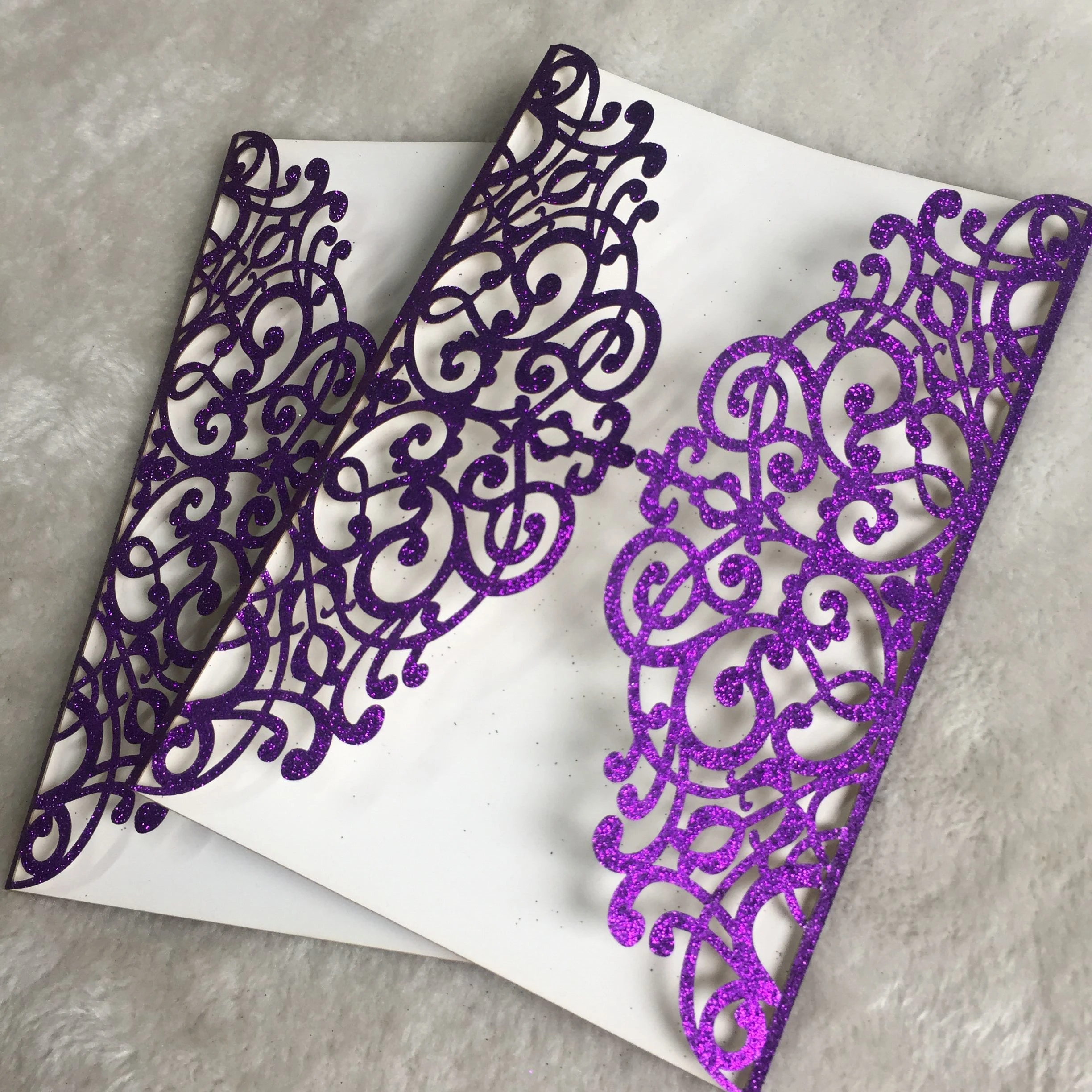 

25pc Laser Cut Party Glitter Purple Birthday Invitations Card ,glitter Silver Wedding Invitation Card