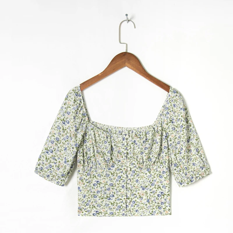 

Summer women's casual flower print square neck short-sleeved slim-fit shirt
