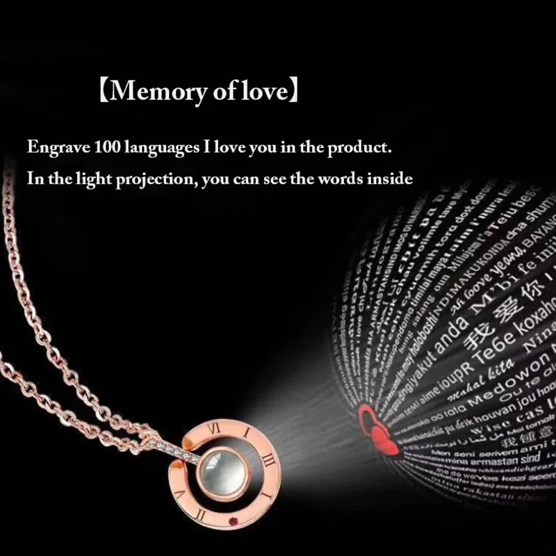 

Rose Gold 100 Languages I Love You Projection Pendant Necklace for Women Jewelry Love Memory Wedding Necklace Valentine's Day