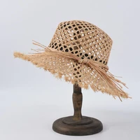 fashion brand hollow out raffia hat for women wide brim summer sun hat bucket fringed beach hat vacation dress derby accessories