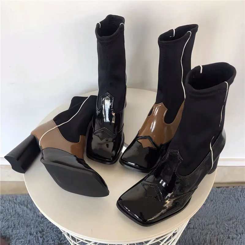

Mixed Color Square Toe Women Ankle Boots Elastic Sock Boots Chunky High Heel Shoes Woman Slip-on Short Booties Slim Fit Botas