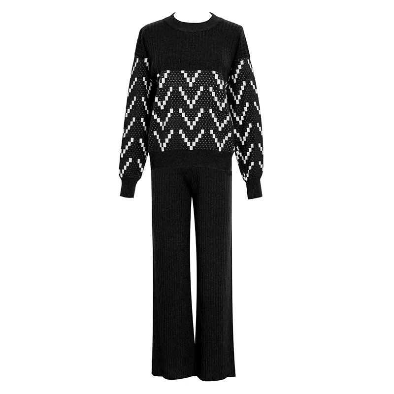 

New fashion temperament casual round neck printed shirt high waist slim flared pants casual Outfits women