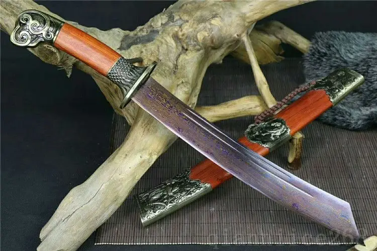 

DAMASCUS FOLDED STEEL BLUE BLADE LONG HU DAO CHINESE SWORD DAO RED ROSE WOOD
