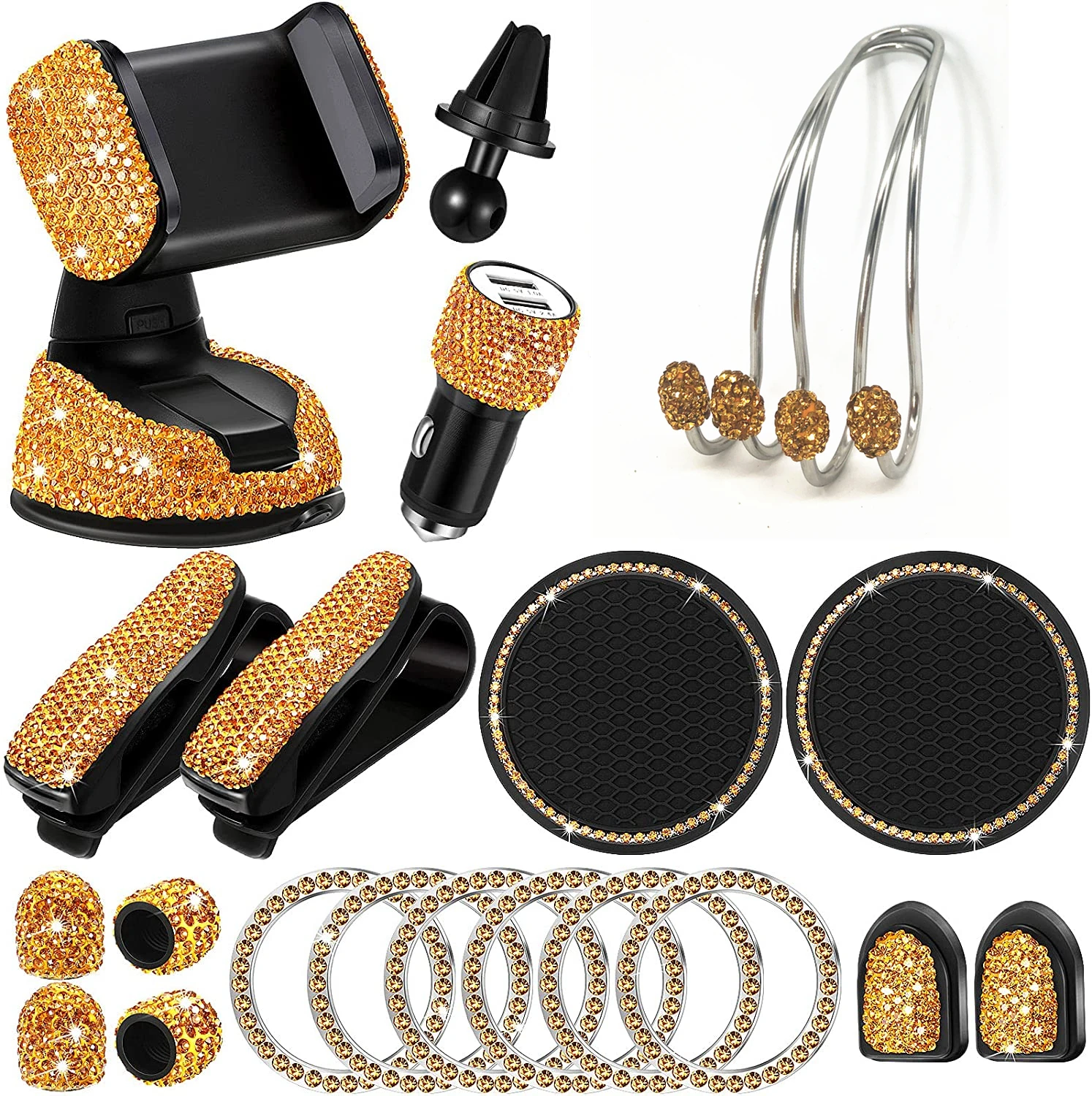 Phone Holder in Car Accessories Golden Yellow Set USB Charger Bling Automobiles Interior Women Decorations Glitter Rhinestone | Автомобили