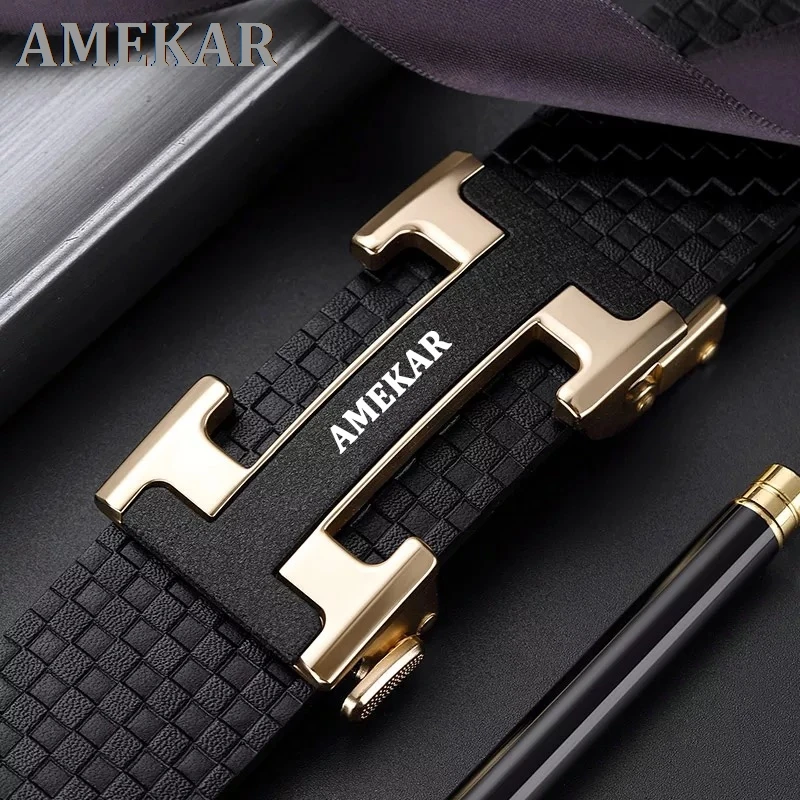 

Men's leather belts men's fashion h-shaped automatic buckle belts cowhide Young joker