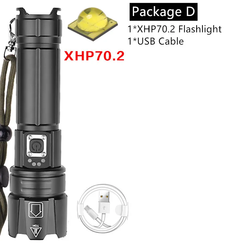 Package D Яркий XHP50 перезаряжаемый светодиодный фонарик мощный XHP70.2 фонарь P8 свет супер водонепроницаемый Zoom охотничий свет использование 18650 - Испускаемый цвет: Package D