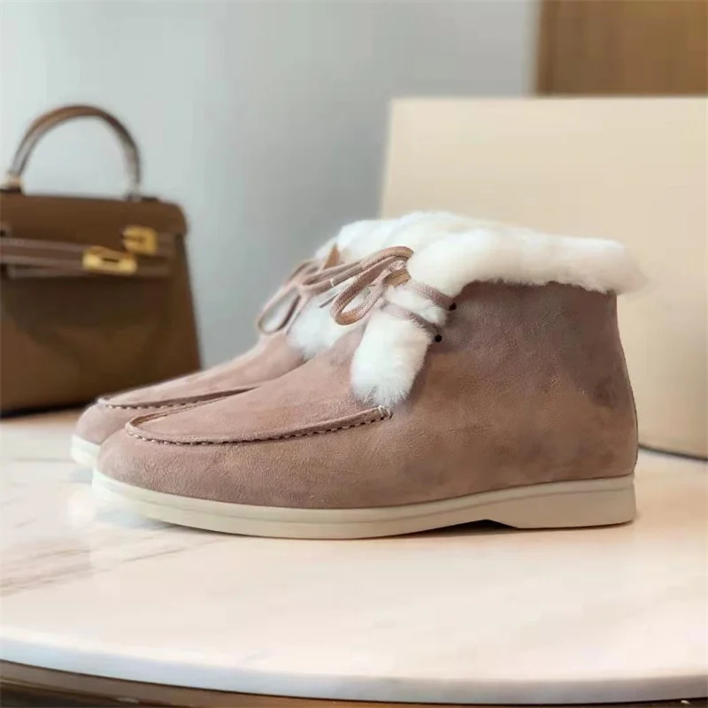 

Winter Natural Fur Snow Boots Women Lace Up Suede Leather Flat Short Boots Wool Warm Winter Shoes Women And Men Couple Shoes