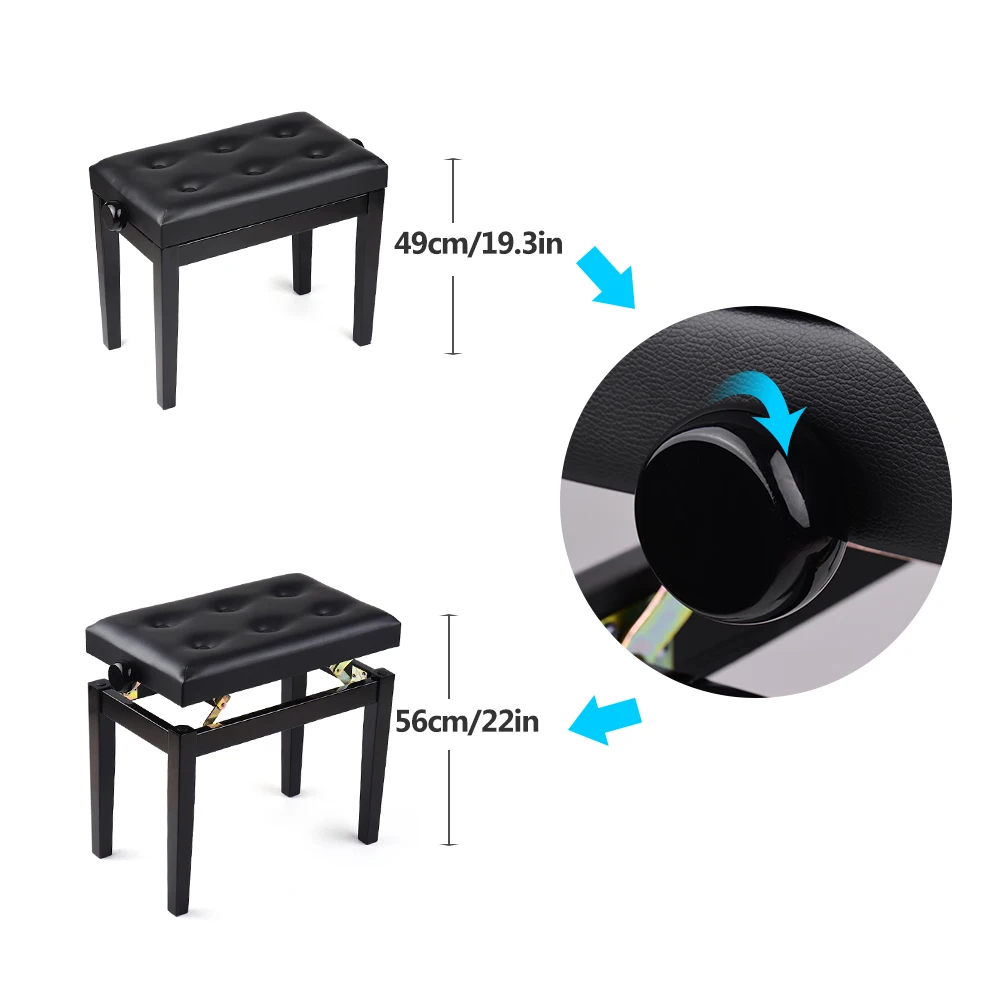 HY-PJ009 Black Wooden Piano Bench Stool Adjustable Height Soft Cushion Padded Keyboard Instrument |