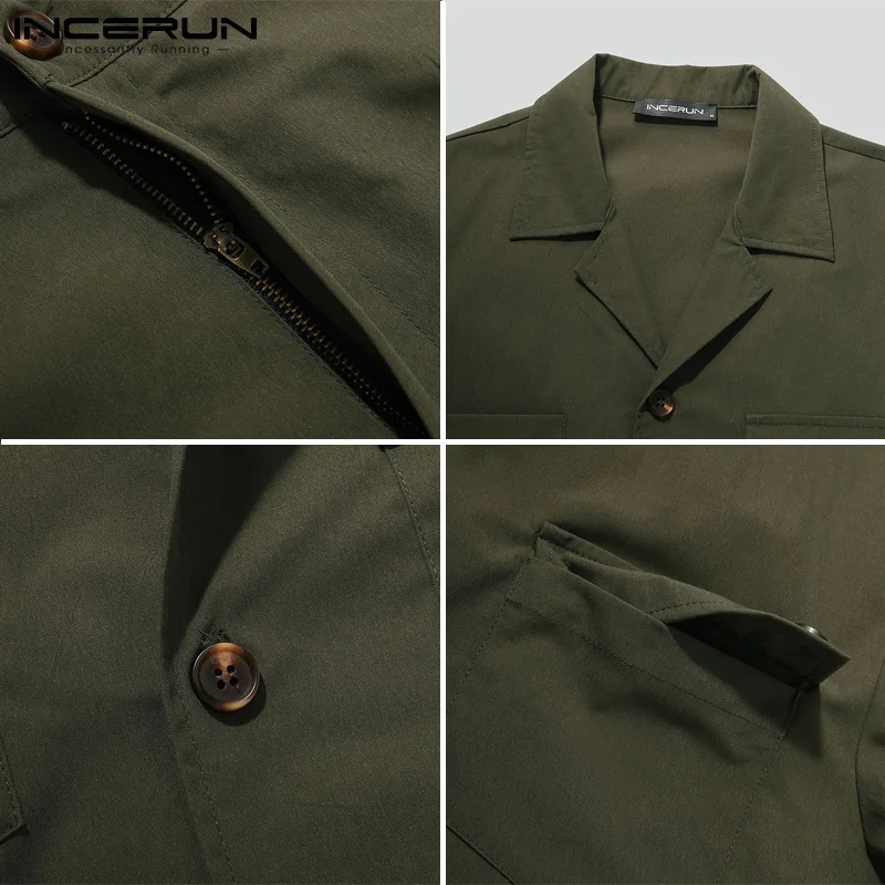 

INCERUN 2021 Men Rompers Solid Color Joggers Lapel Short Sleeve Cargo Overalls Streetwear Button Summer Pockets Casual Jumpsuits