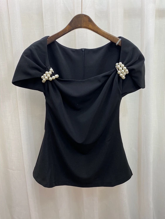 

Женский топ с коротким рукавом, с асимметричным вырезом, украшенный бисером, 2021