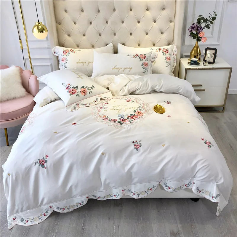 

Four Seasons White Pink 100S Egyptian Cotton Flowers Embroidery Girl Bedding Set Duvet Cover Bed Sheet Pillowcases Home Textiles