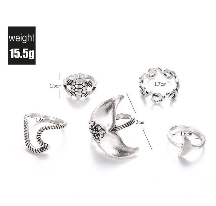 5 шт. винтажные пляжные кольца на палец с рыбьим хвостом черепахой и волнами