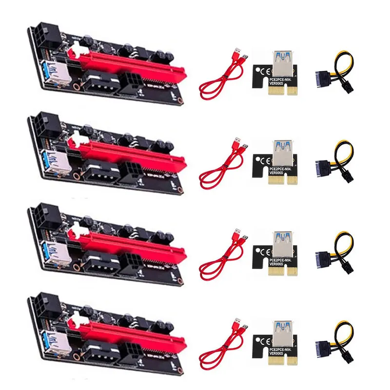 

4 Pcs PCI-E Pcie Riser 009 Express 1X to 16x Extender PCI E USB Riser 009S GPU Dual 6Pin Adapter Card SATA 15pin for BTC Miner