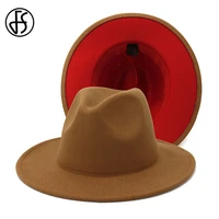 fs 60cm outer khaki inner red patchwork wool felt jazz fedora hat wide brim women men cowboy hats panama trilby cap classic hats