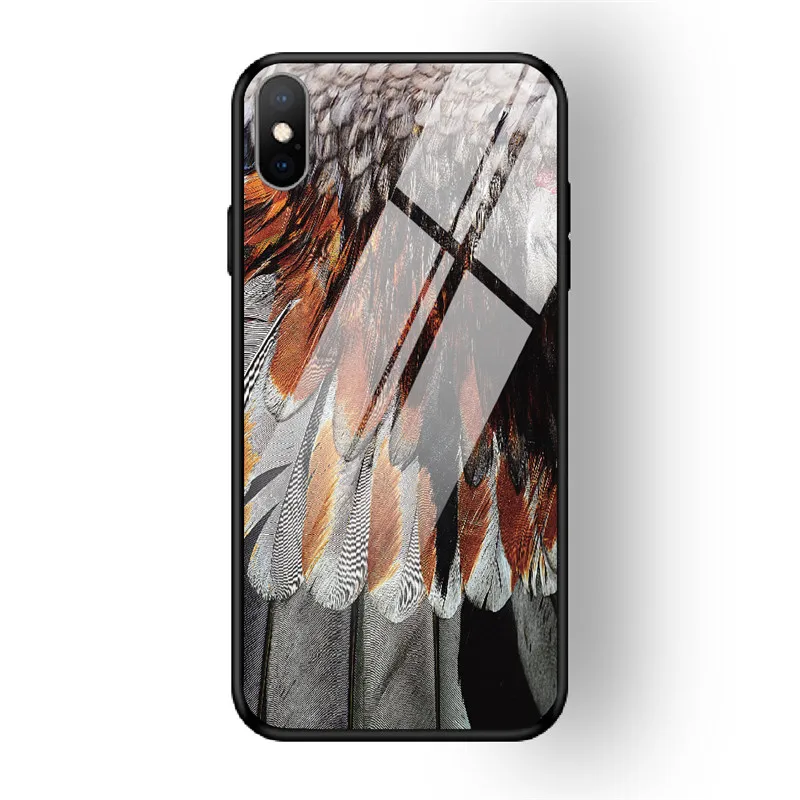 09 Чехол для iPhone X XS MAX XR для 6 6S 7 8 PLUS чехол из закаленного стекла с перьями красный желтый задняя чехол для iPhone 5 5S SE Funda - Цвет: 09