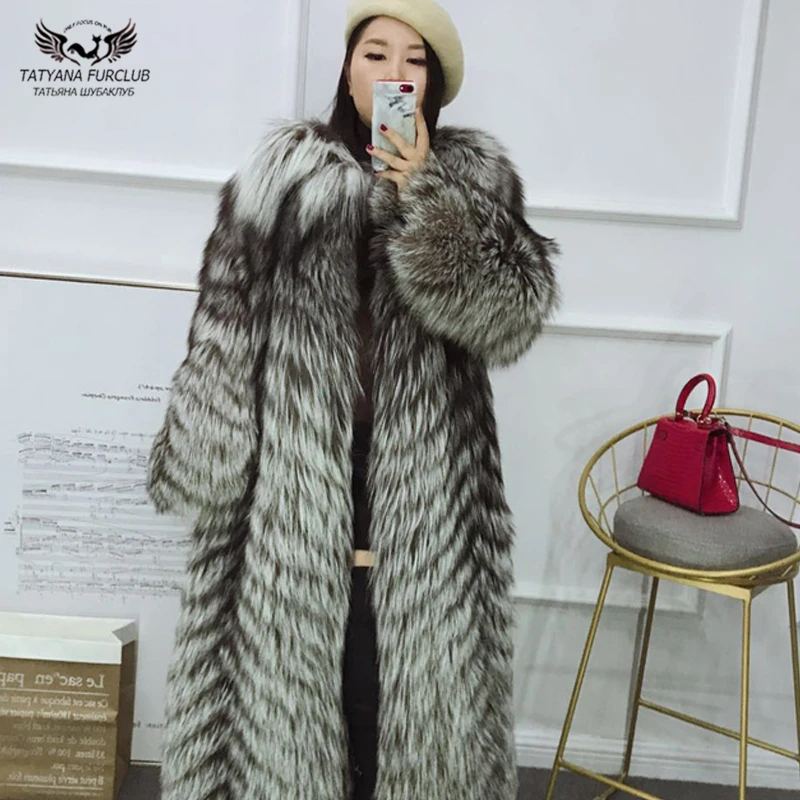 Tatyana Furclub натуральное меховое пальто зимнее для женщин из натурального серебристого лисьего меха пальто с круглым вырезом Меховая куртка Длинная Верхняя одежда Пальто Роскошный топ