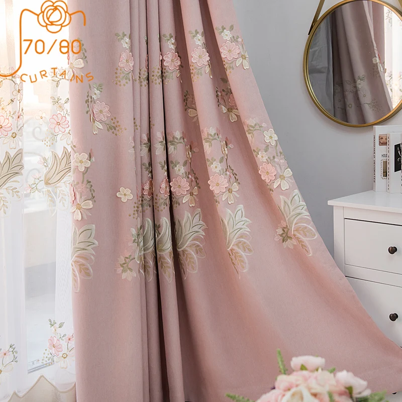 Pink Korean Style Princess Style Cotton and Linen Embossed Embroidered Lace Stitching Curtains for Bedroom Living Room Finished