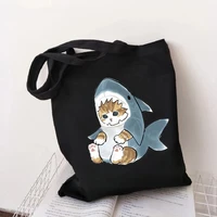 women cat shark black cotton canvas shopper bag girl harajuku 90s y2k classic vintage shoulder handbag female bolsa compra