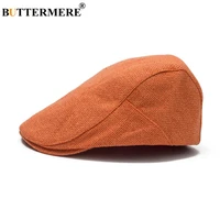 buttermere linen mens beret summer flat cap adjustable newsboy cap breathable vintage solid orange ivy duckbill hat