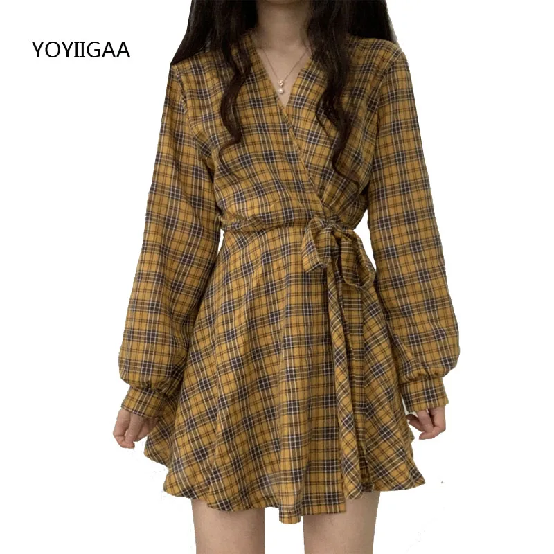 

Vintage Women Plaid Dress Spring Summer Casual Short Dress Fashion Ladies Party Dresses Long Sleeve Women's Plaid Dresses