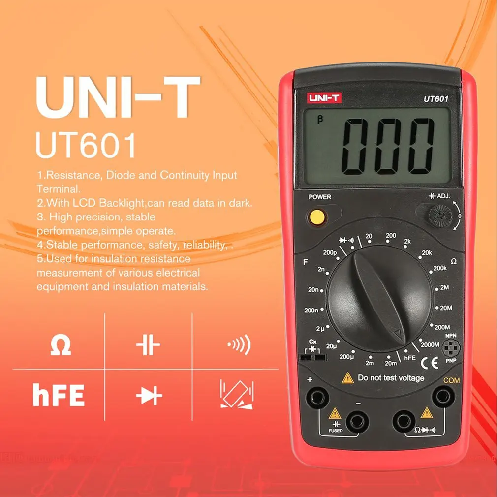 

UNI-T Modern Professional Capacitance Meters Ohmmeters Capacitor Resistor Diode & Continuity Buzzer UT601