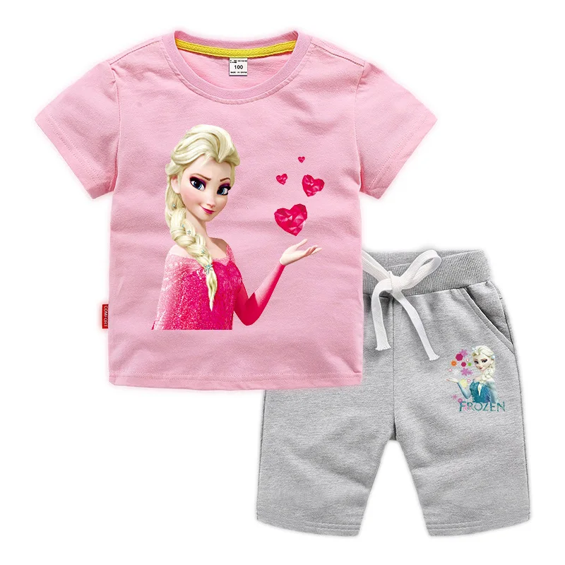 

Child Girl Frozen Disney 100% Cotton T-shirt Shorts Set Summer Cute Casual Children's Clothing