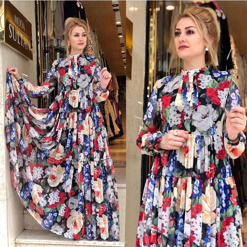 Elegant Chiffon Floral Dress African Print Maxi Dresses for Women Muslim Islamic High Waist Abaya Kaftan Turkish Party Gown