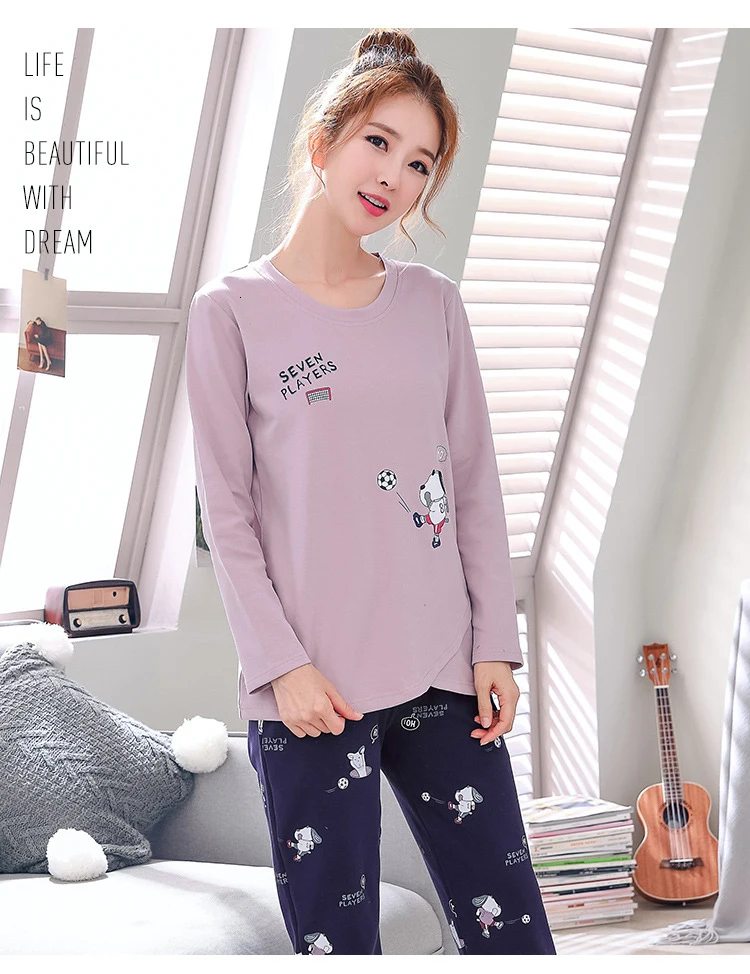 Пижамные комплекты для женщин с круглым вырезом Pijama Mujer пижама с длинным рукавом весенняя Хлопковая пижама Femme Повседневные наборы пижам комплект из двух предметов