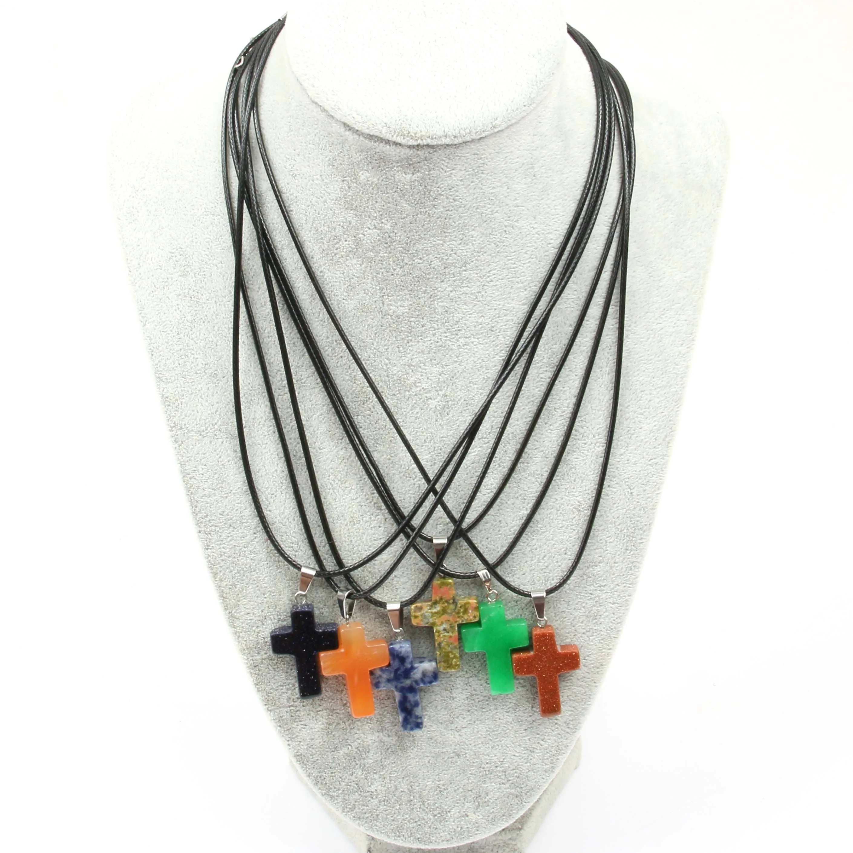 

New Natural Stone Agate Opal Topaz Pendants Necklace 18x25mm Cross Korean Wax Thread Necklace for Unisex Charm jewelry gifts