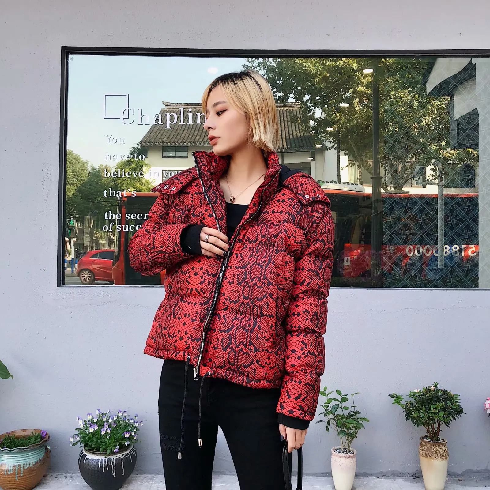 Женские зимние пальто 2019 животный принт змеиной кожи парка теплое Стеганое парки